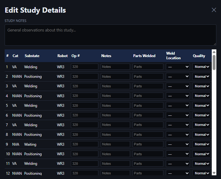 Edit study details dialog: study notes field above an editable table of events with category, substate, robot, operation number, notes, parts welded, weld location, and quality columns